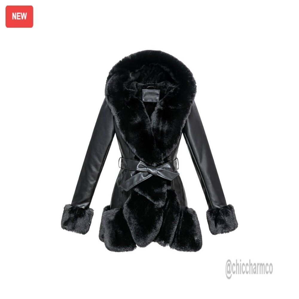 Faux Leather Coat with Faux Fur Collar Belted Mid Length Hooded Winter Jacket